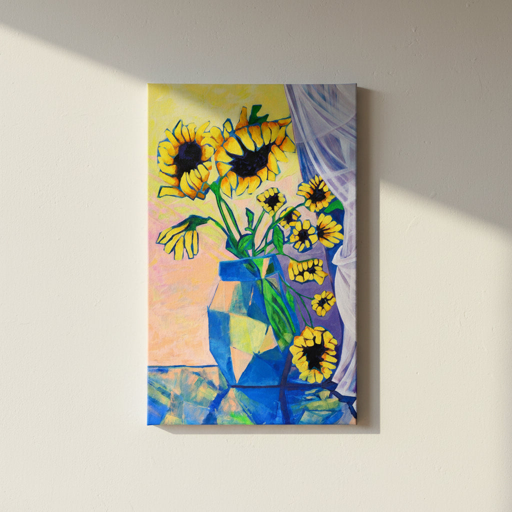 Colorful painting of sunflowers in a blue vase with a white curtain in the background.