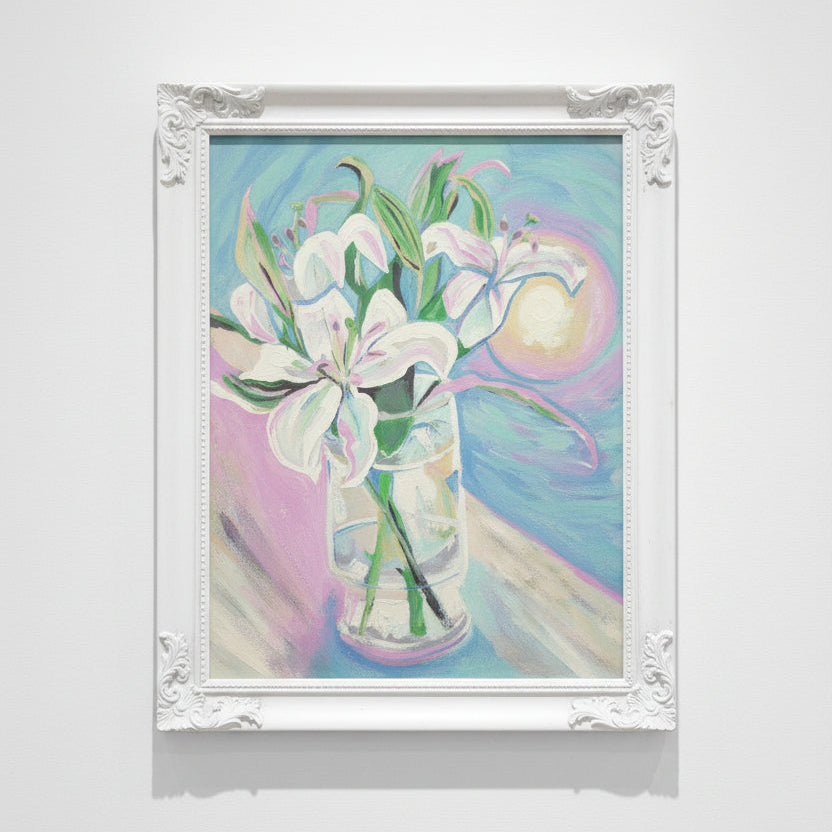 Colorful abstract painting of a vase with flowers
