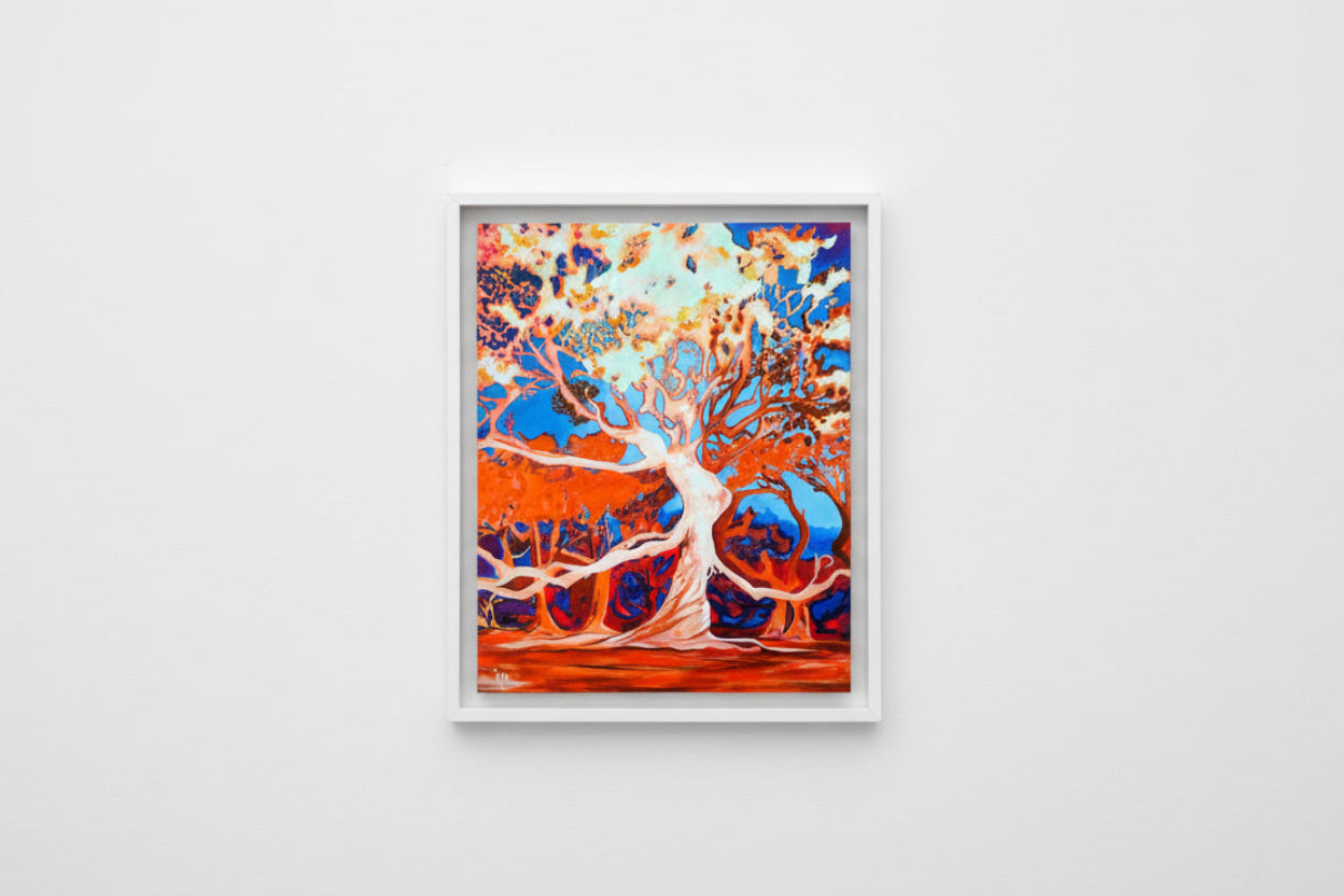 Colorful abstract painting of a tree with orange, blue, and white colors.