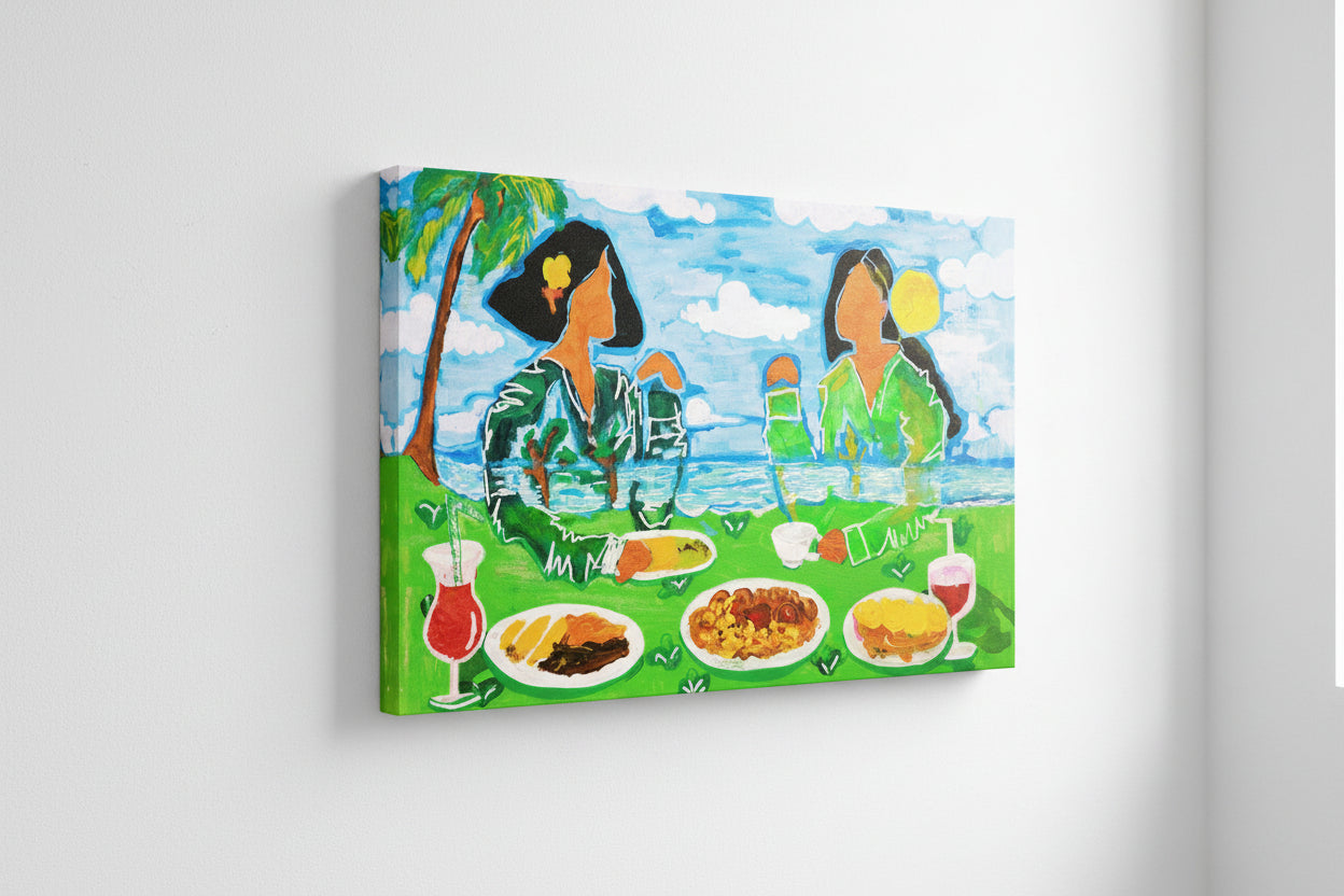 Colorful painting of two people enjoying a meal by the ocean with palm trees.