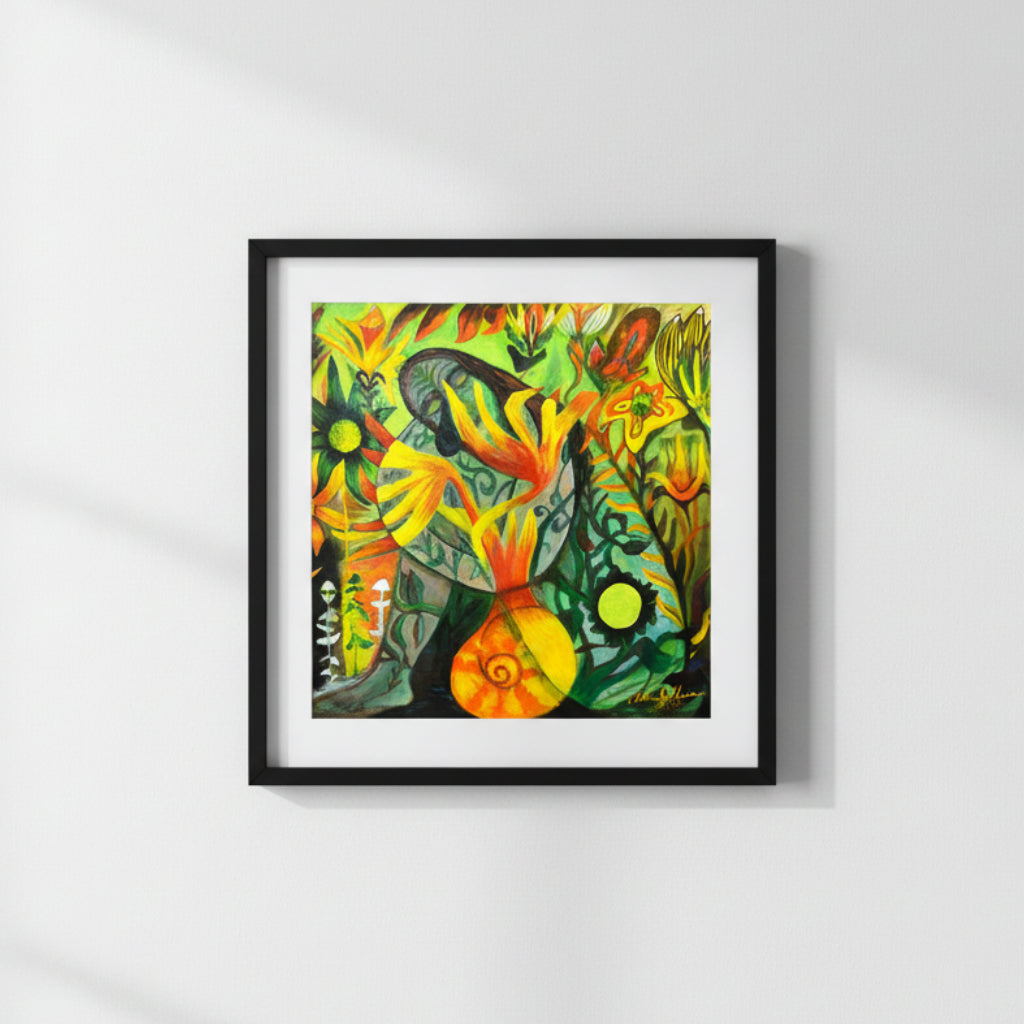 Colorful abstract painting with floral and organic shapes