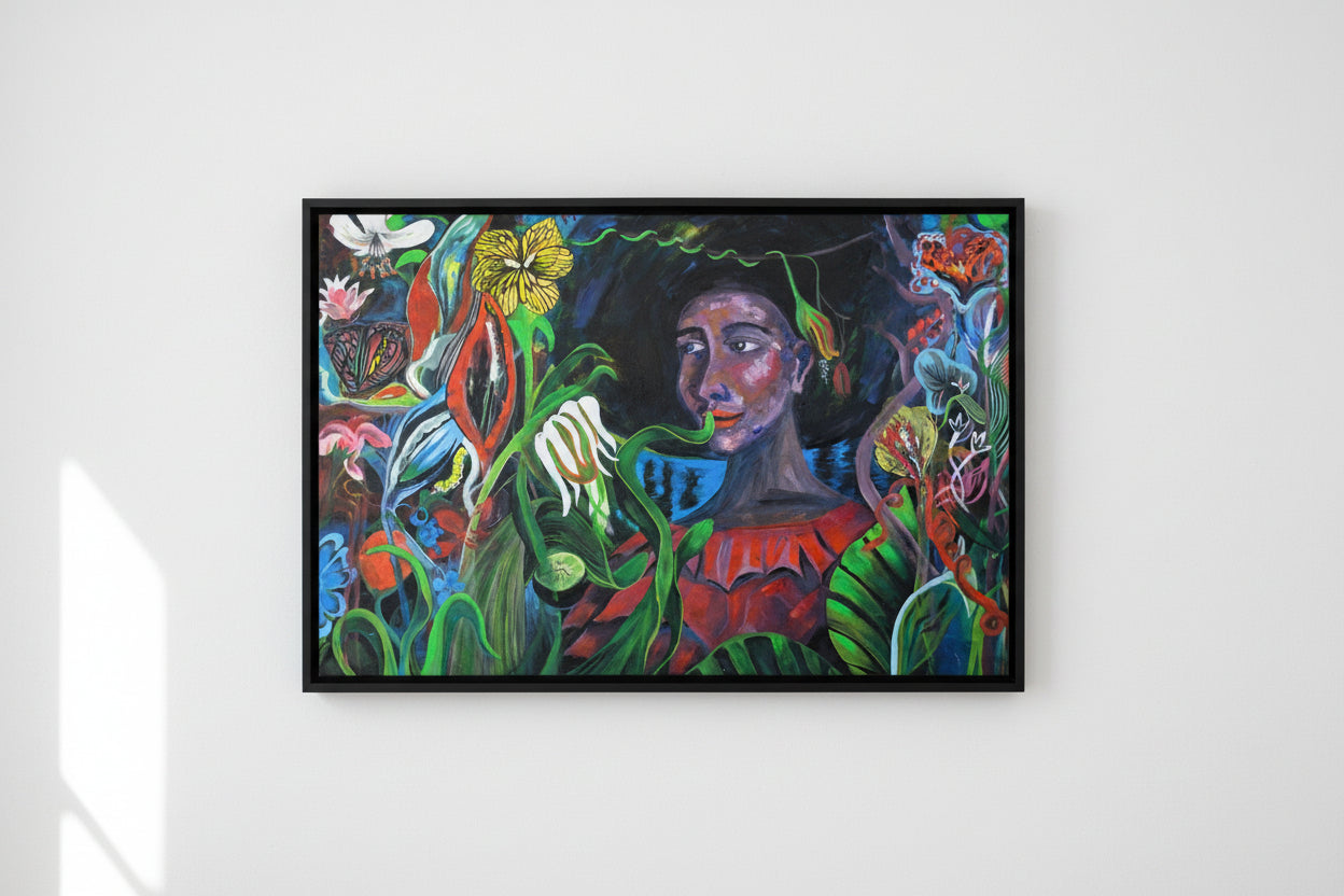 Colorful painting of a person surrounded by flowers and butterflies